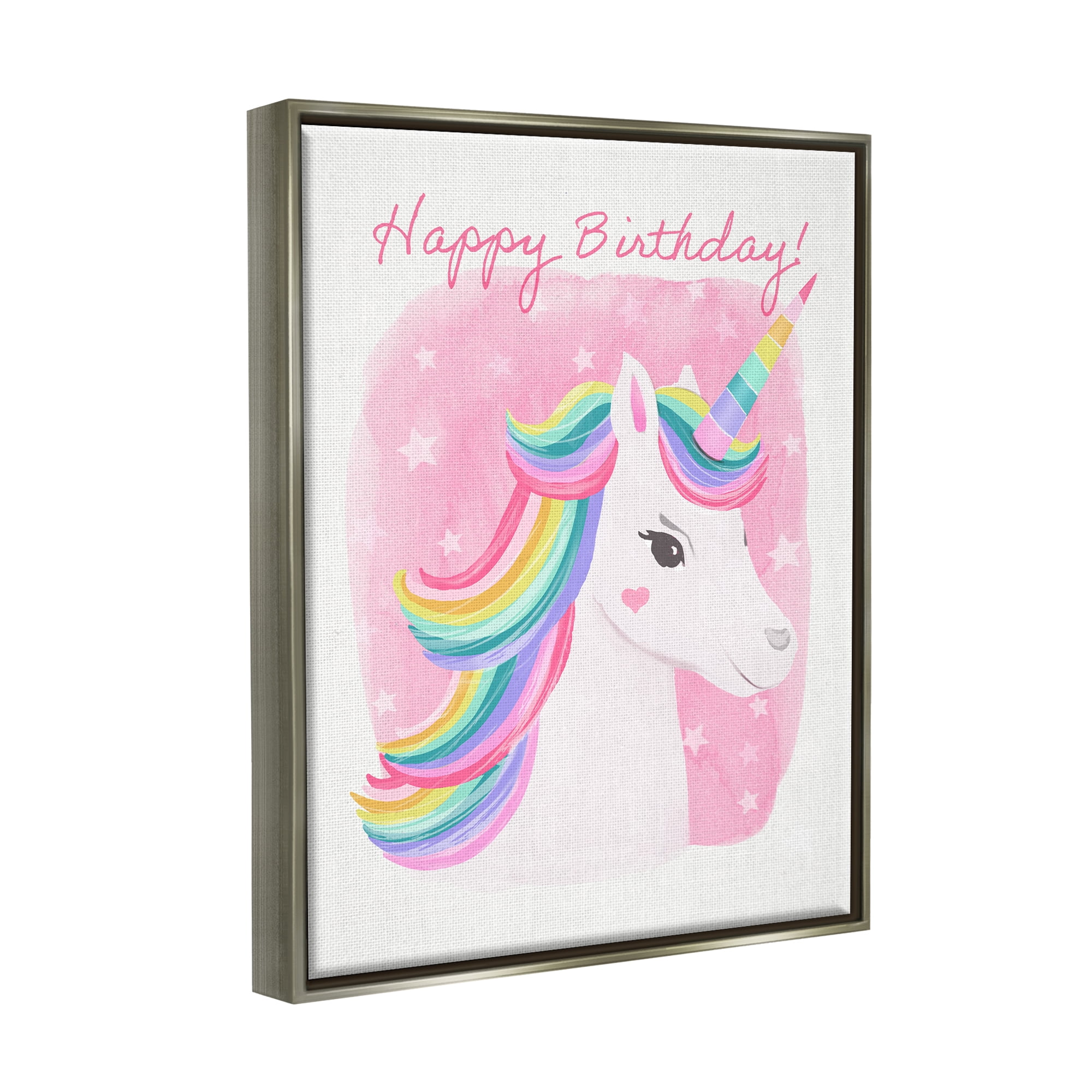 Stupell Industries Happy Birthday Unicorn Fairy Tales & Fantasy Painting Gray Floater Framed Art Print Wall Art, 17 x 21