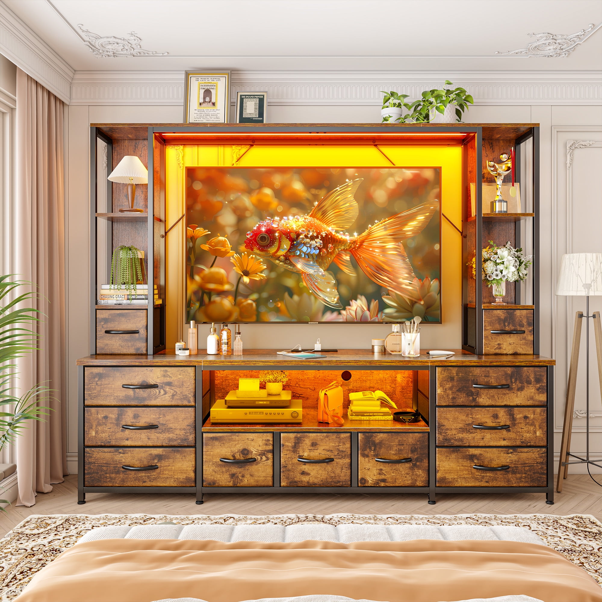 EnHomee Entertainment Wall Unit TV Stands with 11 Fabric Drawer Modern TV Console Table with Open Shelves for 65" TV Stand for Living Room,Brown