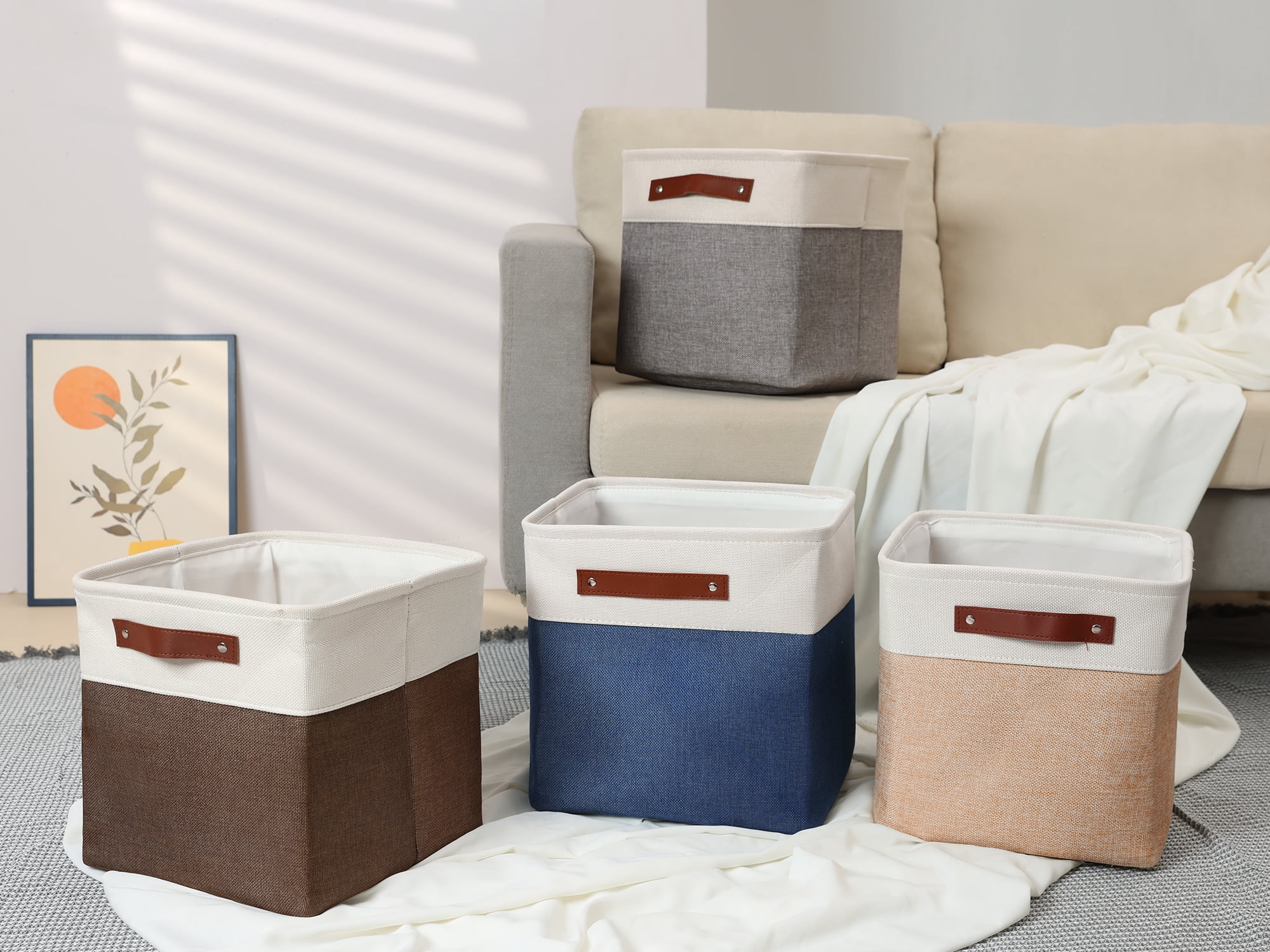 Unique Bargains Storage Cube Fabric Bin with Handles Apricot 11*11*11in