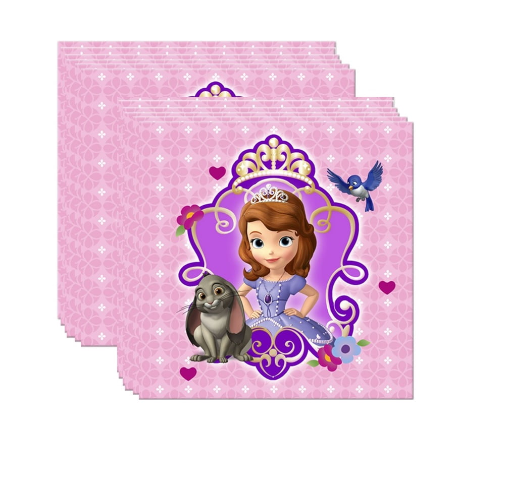 Disney Princess Sofia the First Birthday Party Supplies Bundle includes 32 Napkins, 3 Mini Centerpieces, 16 Party Invitations , 16 Thank You Postcards, 1 Notebook, 1 Dinosaur Sticker