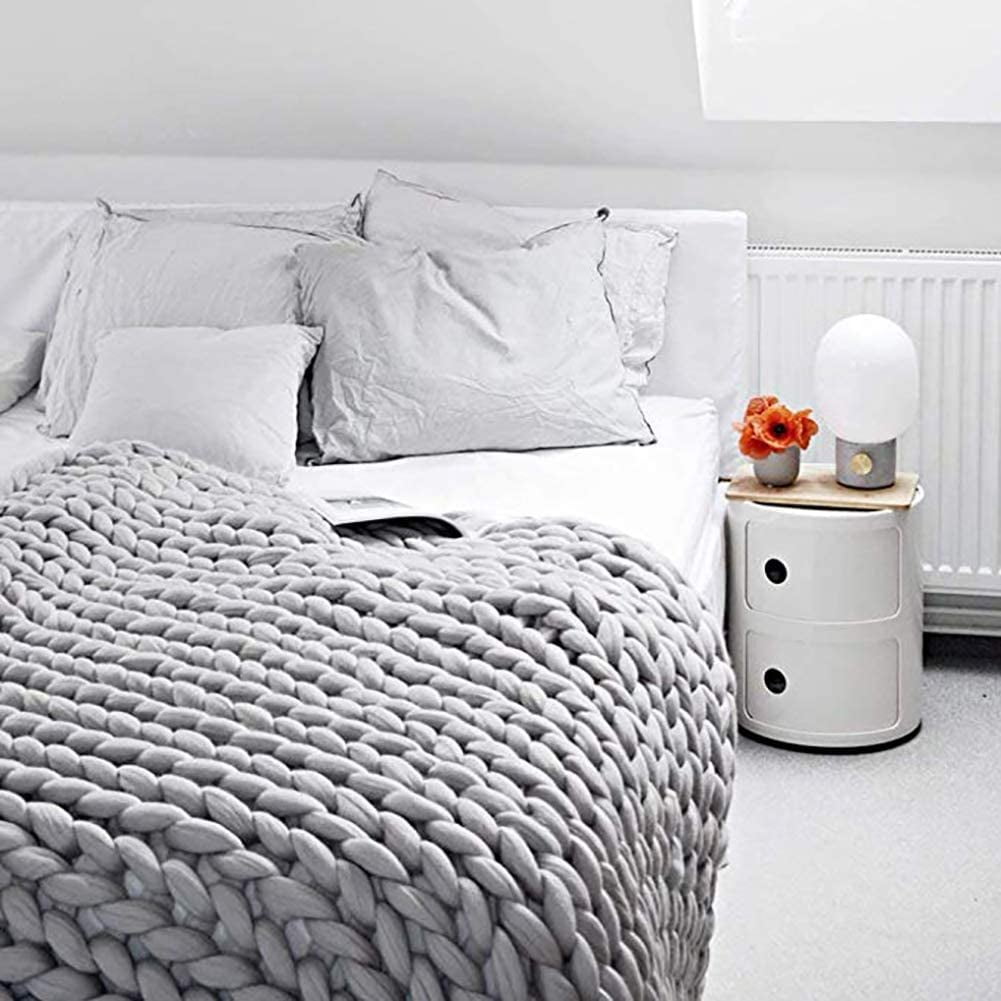 Zecatl Chunky Knitted Blanket Handmade Chunky Knitted Wool Blanket Merino Wool Yarn Arm Knitting Throw Pet Bed Chair Sofa Gray 60 60cm Grey 60