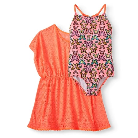 - Girls' Crochet Butterfly One-Piece Swimsuit and Kaftan Coverup, 2-Piece Set