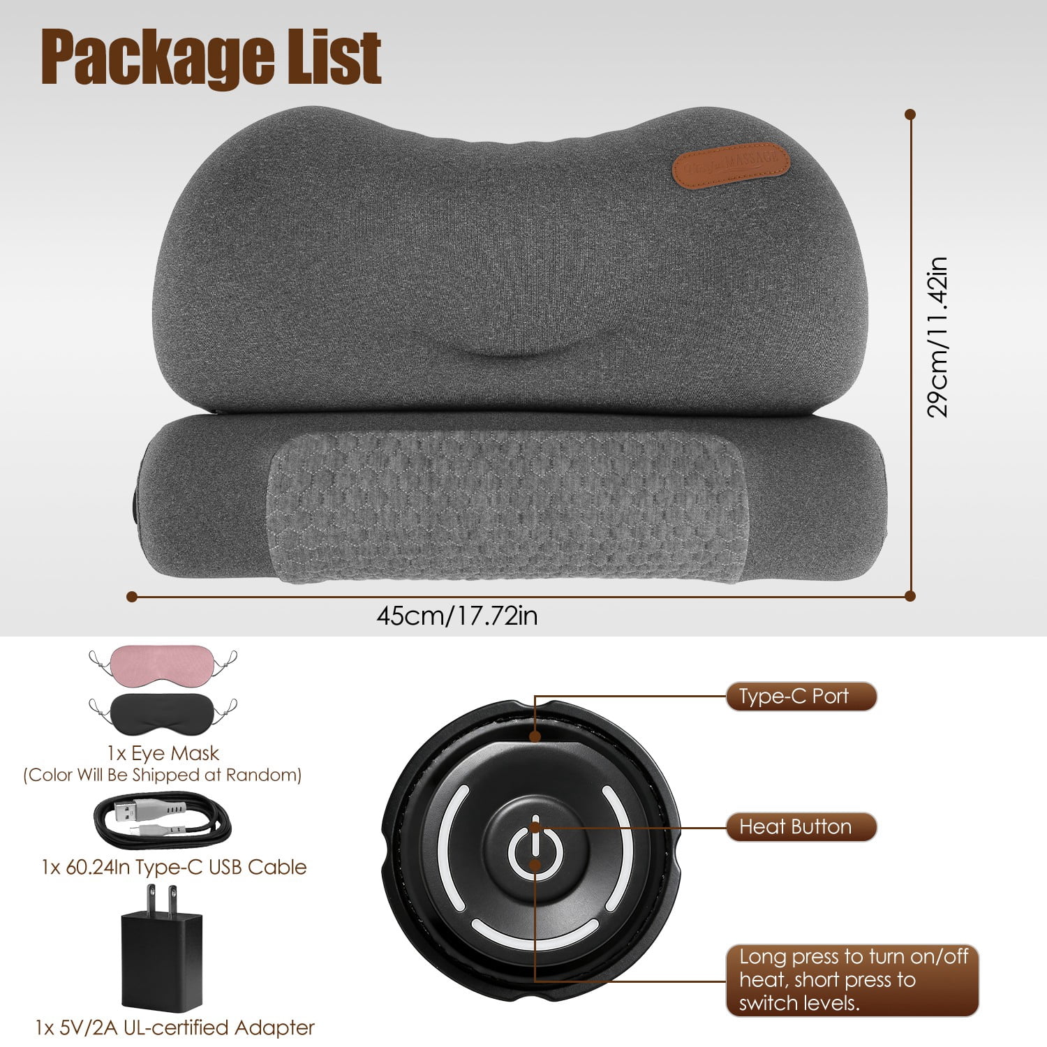 Moclever USB Heated Neck Pillow Zero Pressure Memory Foam Cervical Heated Bed Pillow with Eye Mask Adapter, Dark Grey