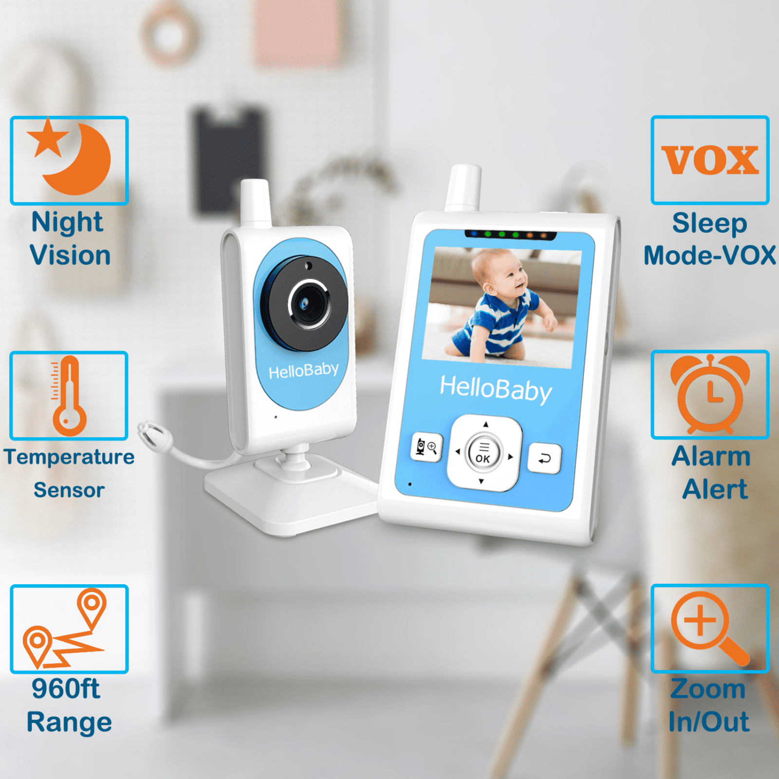 HelloBaby Baby Monitor- HB26 Video Baby Monitor with 2.4 inch Screen, Night Vision, Temperature Sensor, VOX Mode, One-Way Talk
