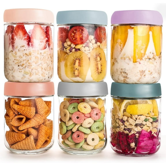 6-pack Overnight Oats Containers with Airtight Lids, 16 oz Wide Mouth Mason Salad jars, Glass Food Storage Containers for Sugar Spice Yogurt Snacks