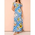 thumbnail image 6 of Women's Printed Square Neck Puff Sleeve Maxi Dress 100% Polyester Zipper Stretch Silhouette Floor Length Everyday, 6 of 7