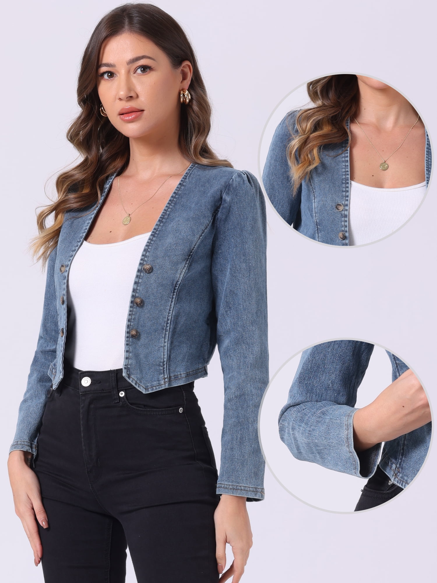 DARING DIVA Women's Denim Cropped Jacket Open Front Collarless Bolero Shrug XS Dusty Blue