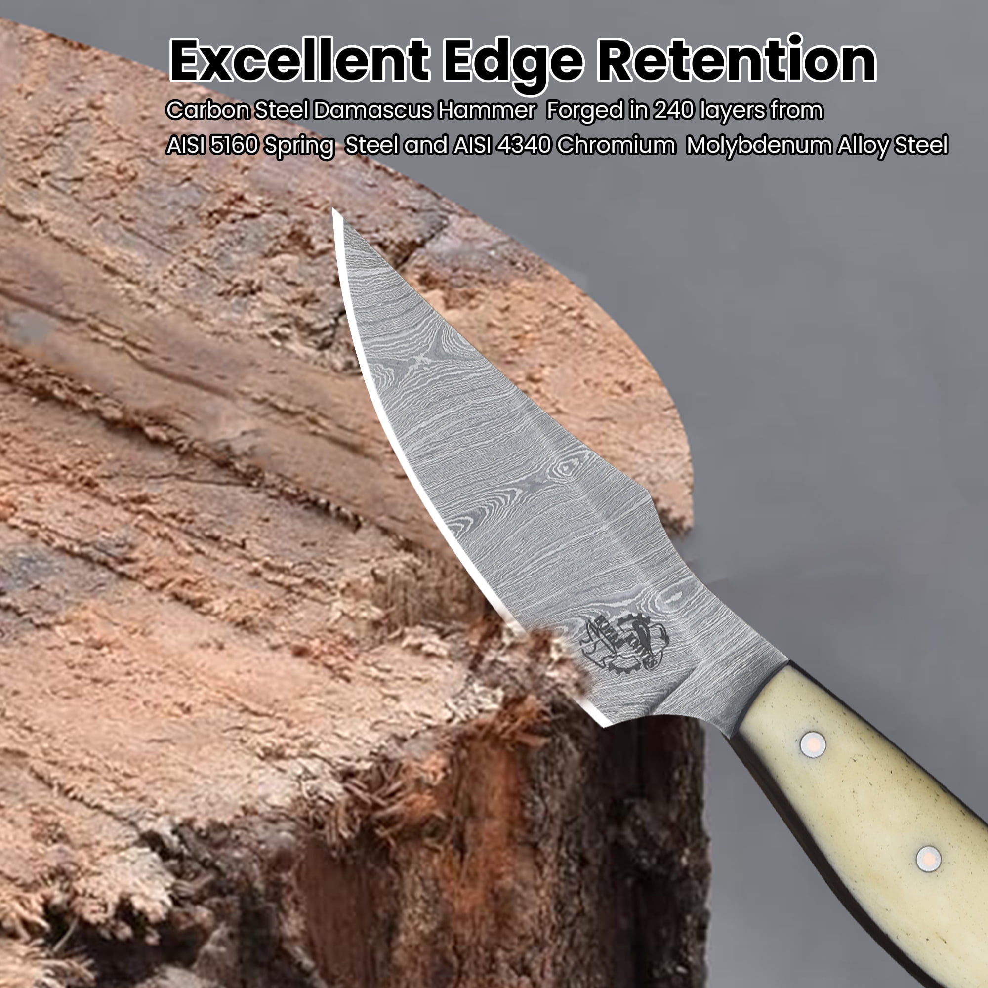 Knives Ranch Handmade EDC Fixed Blade Hunting Knife – Forged Damascus Steel – Natural Cattle Bone Handle – Horizontal Carry Sheath – Outdoor Cowboy Knife (3180-B)