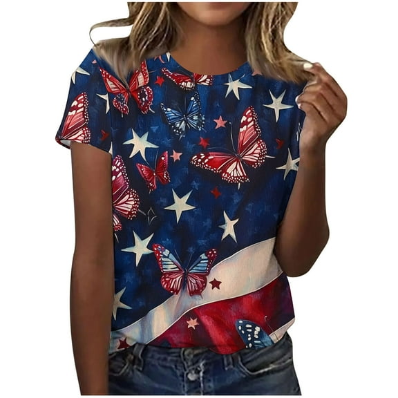 GERsome 4th of July T Shirts for Women Short Sleeve Patriotic Pullover Tops Casual American Flag Shirts Crewneck Loose-Fit Blouses S-2XL
