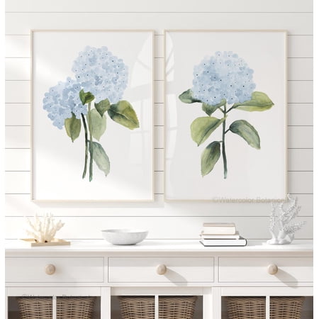Abstract Blue Hydrangea Chinoiserie Coastal Grandmillennial Bedroom Decor Set 2 Unframed Paper Print 8x12