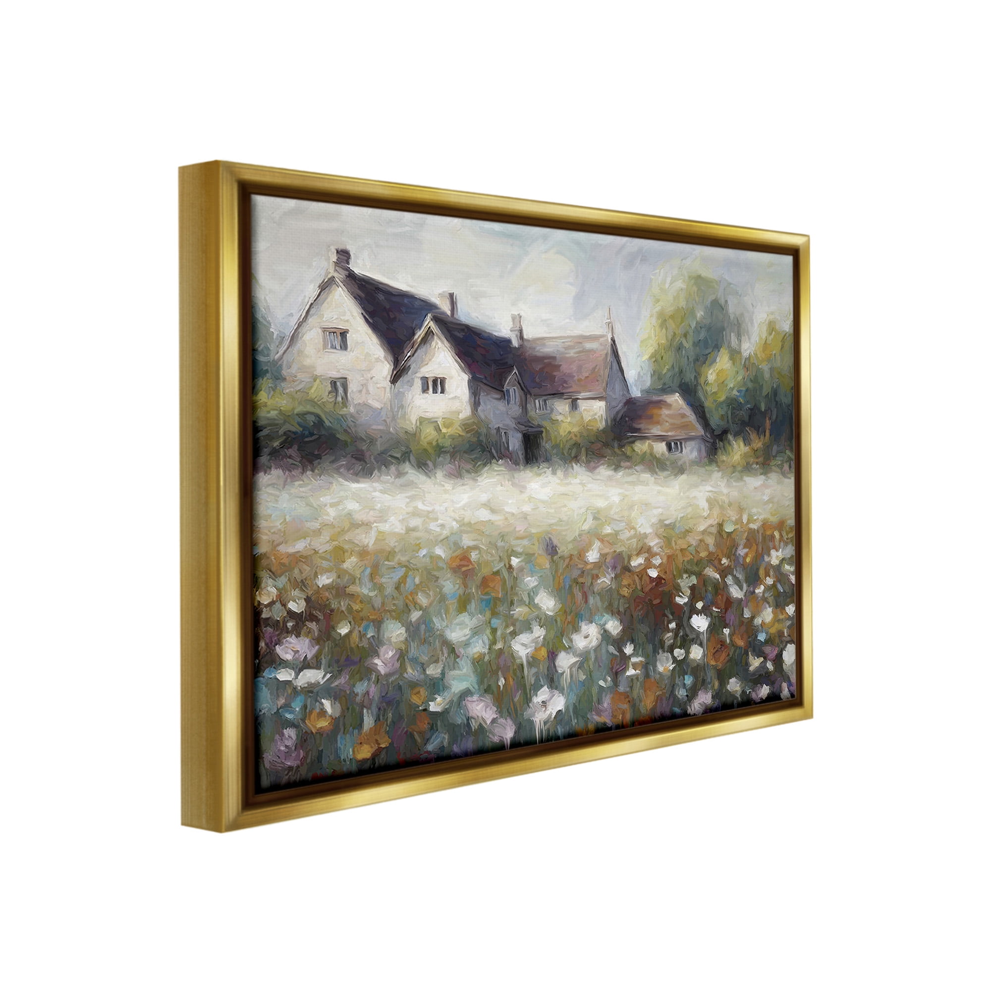 Stupell Industries Traditional Farmhouse Meadow Landscape Painting Gold Floater Framed Canvas Art Print Wall Art, 31 x 25