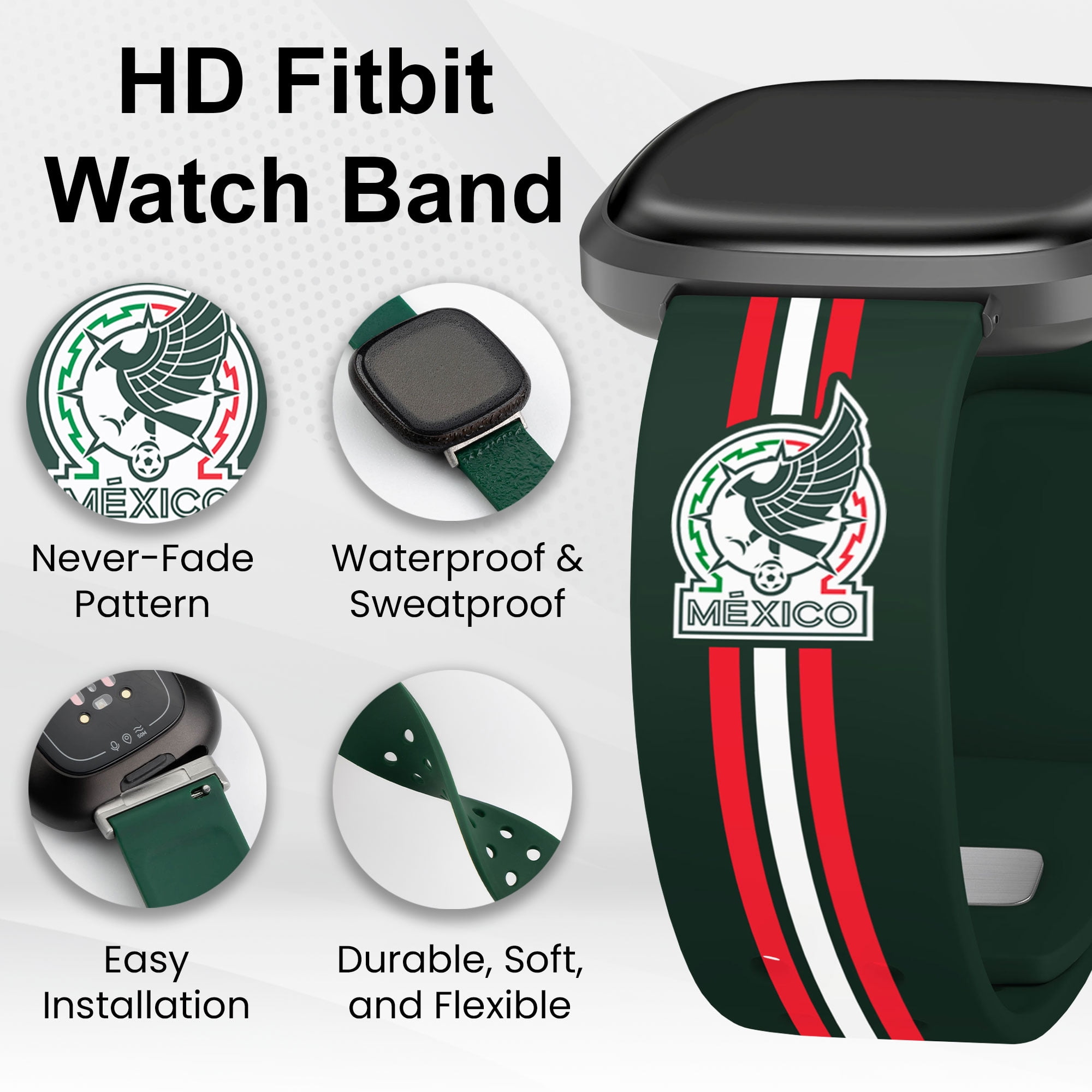 Mexico National Team HD Watch Band Compatible with FitBit Versa 3 & Sense (20mm Short Stripes)