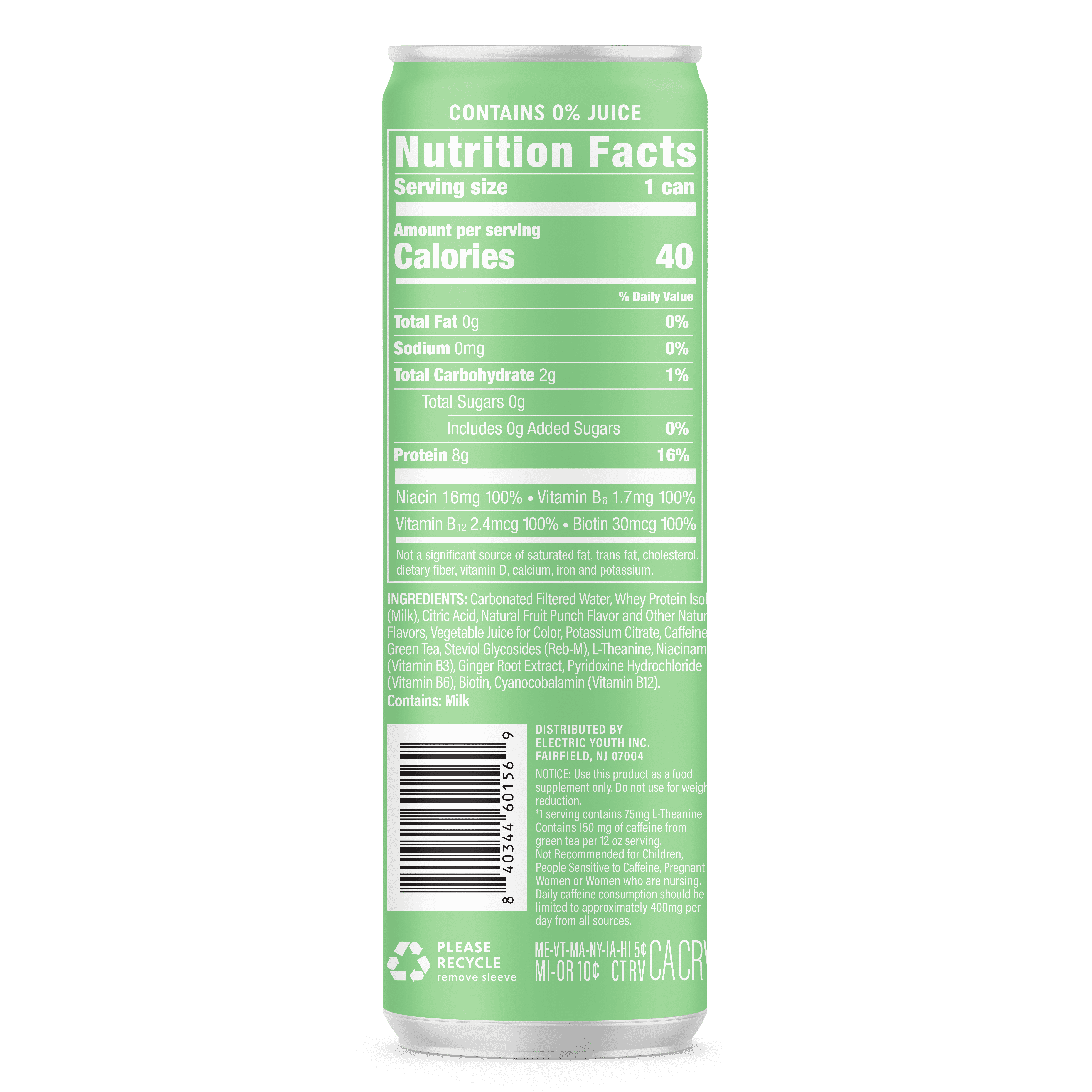 GORGIE Protein Sparkling Energy Drink, Power Punch, 0 Sugar, Natural Caffeine from Green Tea, 12 fl oz Can
