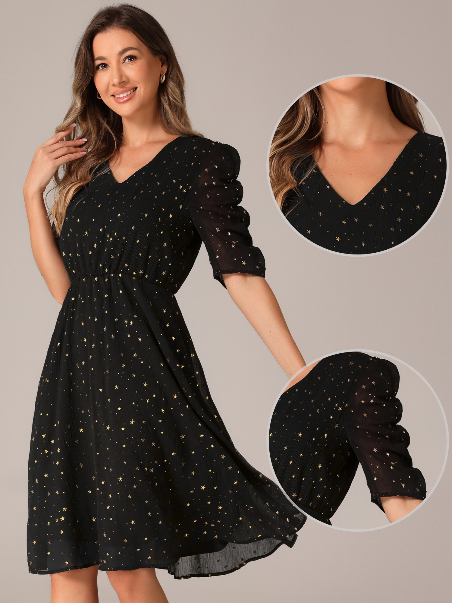 DARING DIVA Metallic Stars A-line Chiffon Dress XL Black
