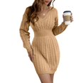 thumbnail image 5 of Vestido suéter de punto para mujer, Color sólido, cuello en V, manga larga, cintura torcida, informal, que cubre la cadera, Otoño Invierno, 5 of 5