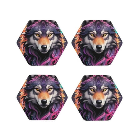 

Drink Coasters Set of 4 Colorful Wolf Head A Leather Coasters for Coffee Table Protector Heat Resistant Cute Coasters for Home Decor Housewarming Gifts Bar Kitchen 4 Inch Hexagon
