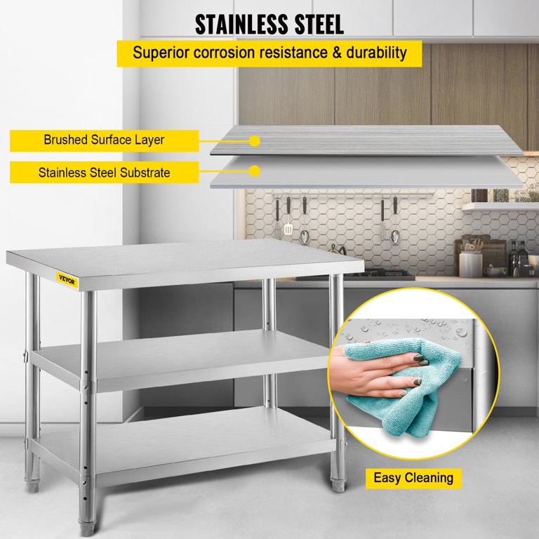 VEVOR Stainless Steel Prep Table 48x18x33 in Commercial Stainless Steel Table 2 Adjustable Undershelf BBQ Prep Table Heavy Duty Kitchen Work Table