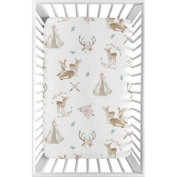 Woodland Deer Floral Pink Mint Mini Fitted Crib Sheet by Sweet Jojo Designs