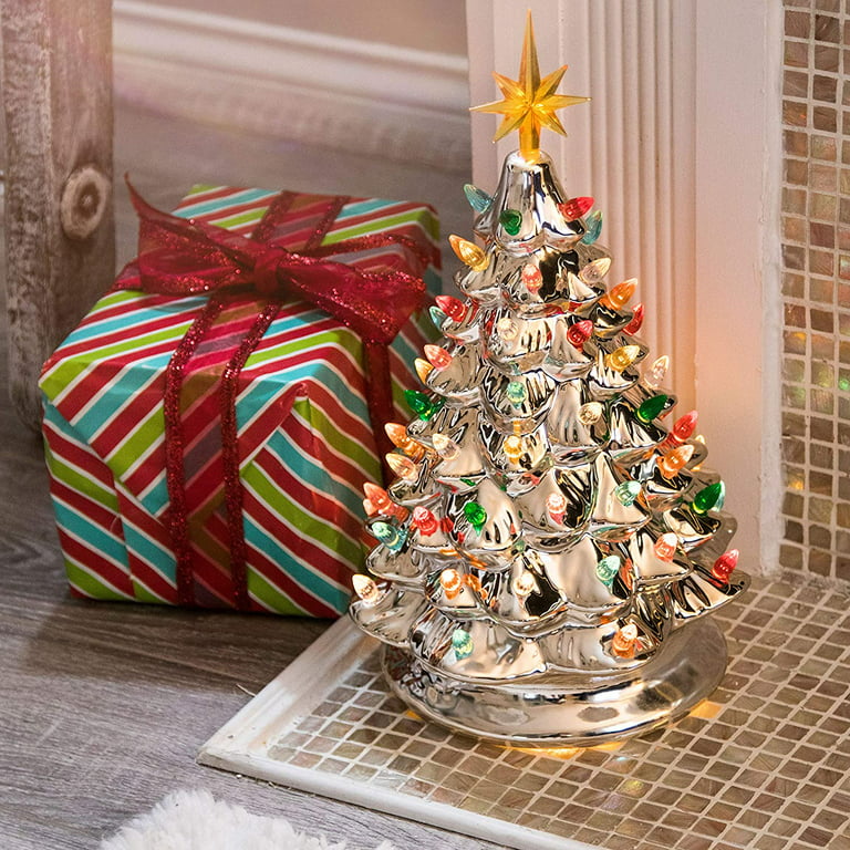 RJ Legend Ceramic Christmas Tree - 15-Inch, 50+ Multicolor LED Bulbs  Handcrafted - Light Champagne Silver