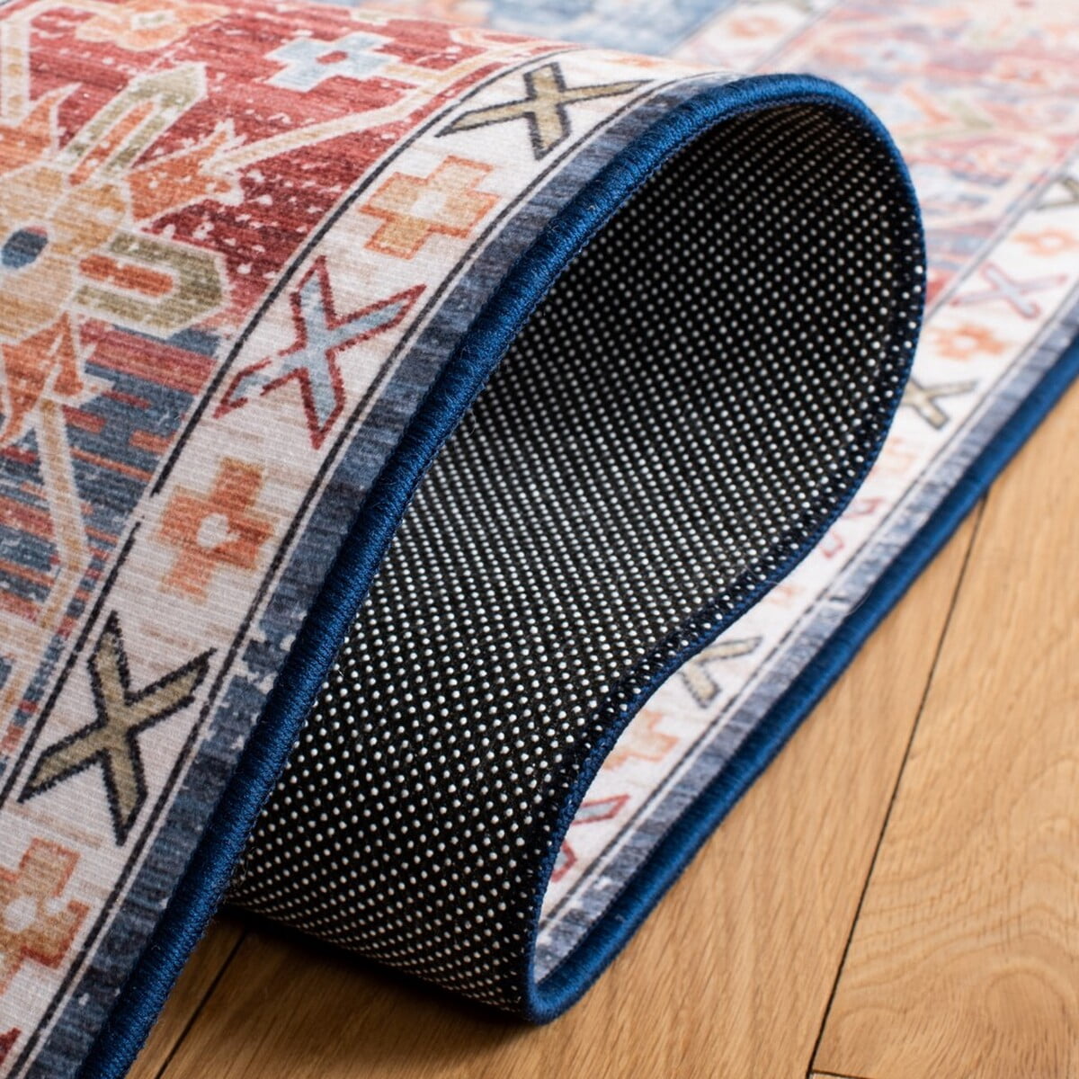 SAFAVIEH Tucson Salem Traditional Machine Washable Runner, 2'6" x 8', Blue/Rust