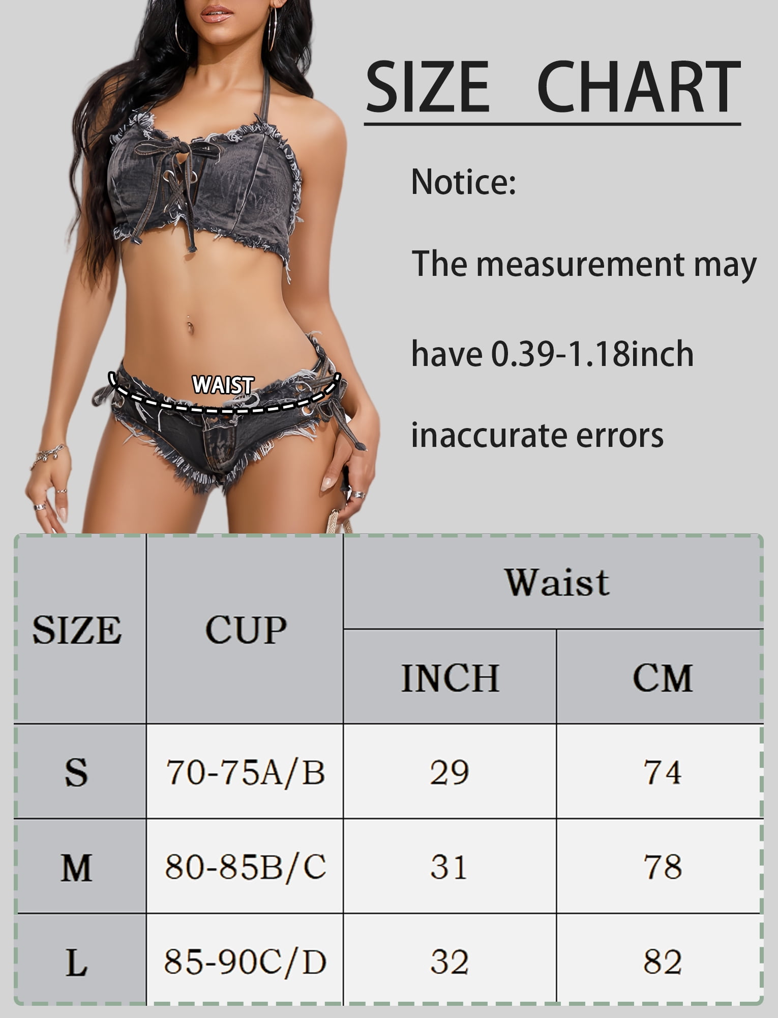 Ausing Womens Lingerie Set Denim Bikini Strappy Bra and Hot Shorts Adjustable Halter Neck Pool Party Nightclub Gray-Black M