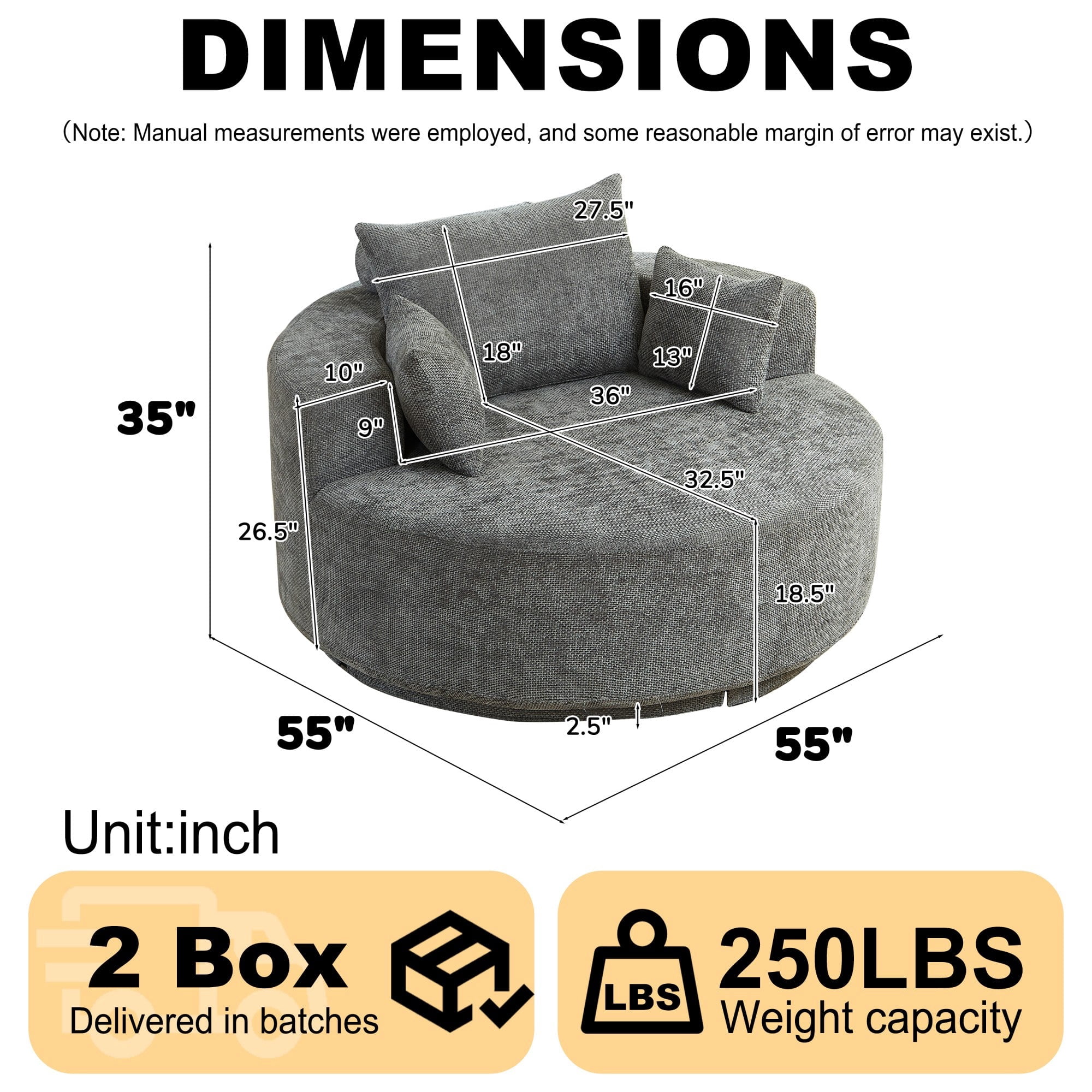 Sailvan 55" Chenille Fabric Swivel Chair, Modern Round Sleeper Sofa with 360 Degree Rotation, Fluffy Foam Lounge Chair for Living Room Grey