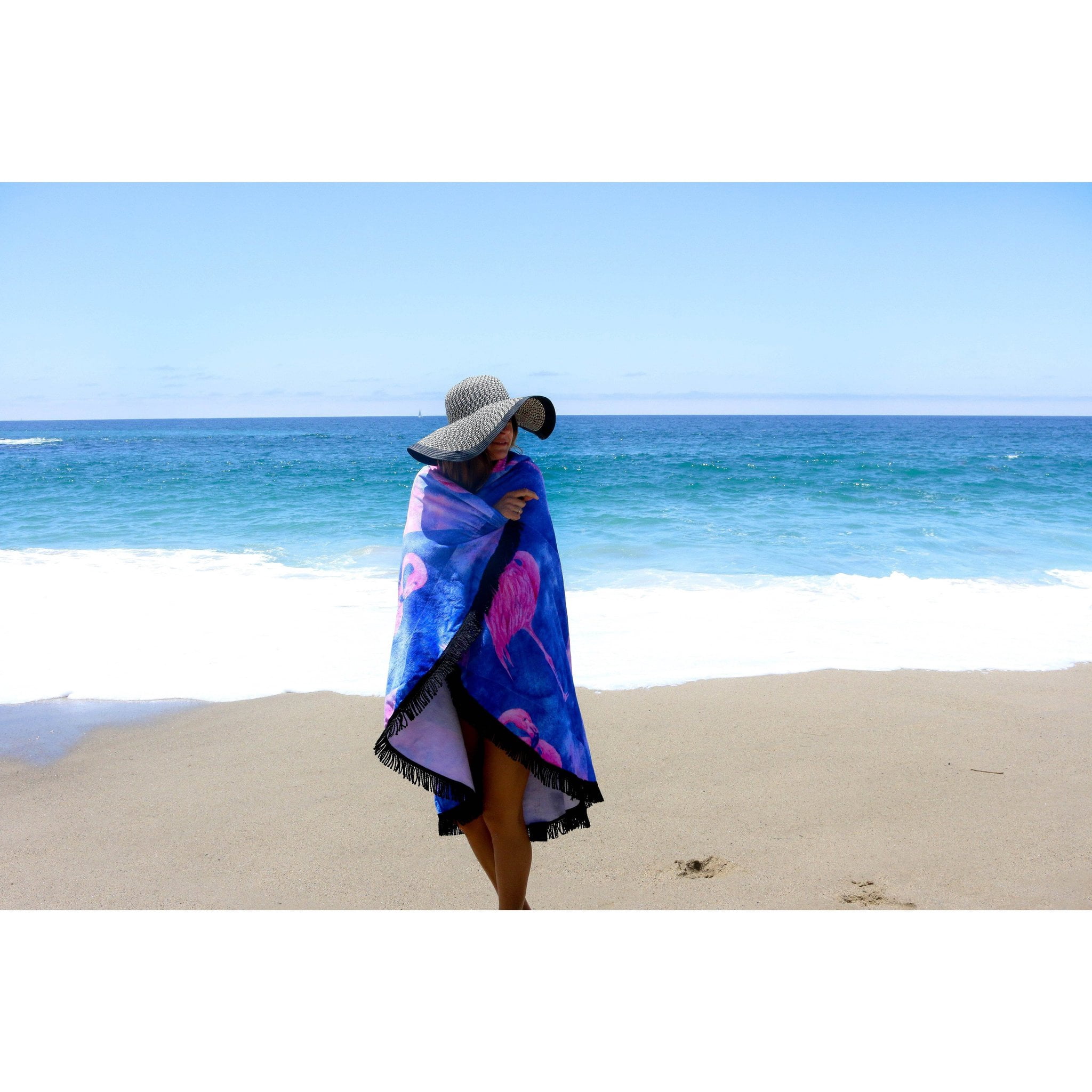 Pink & Blue Dazed Flamingo Round Beach Towel