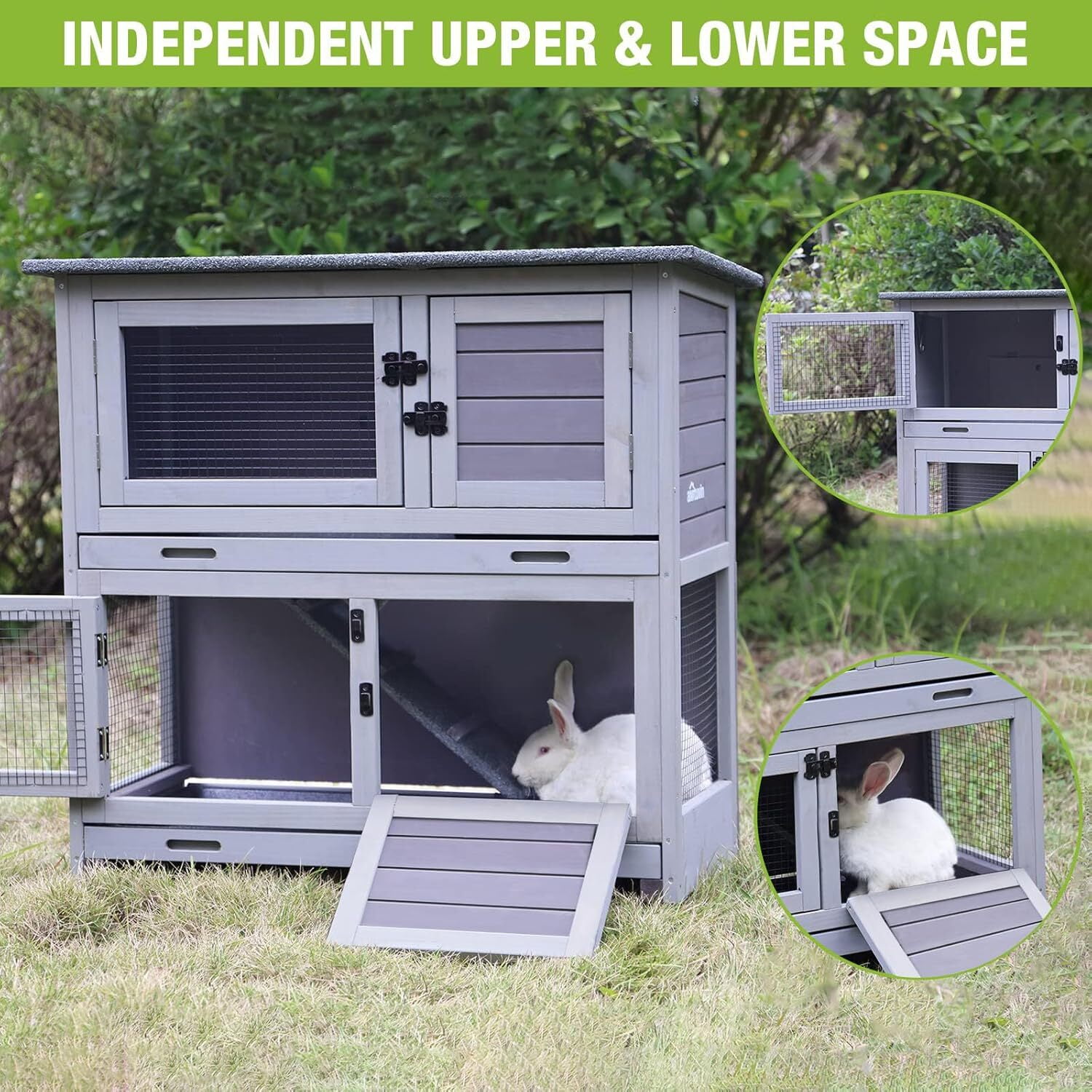 MEDEHOO Rabbit Hutch Bunny Cage, Guinea Pig Cage Bunny Hutch Indoor, Wood Pet Cage with 4 Casters -2 Story & 2 Trays (Grey)