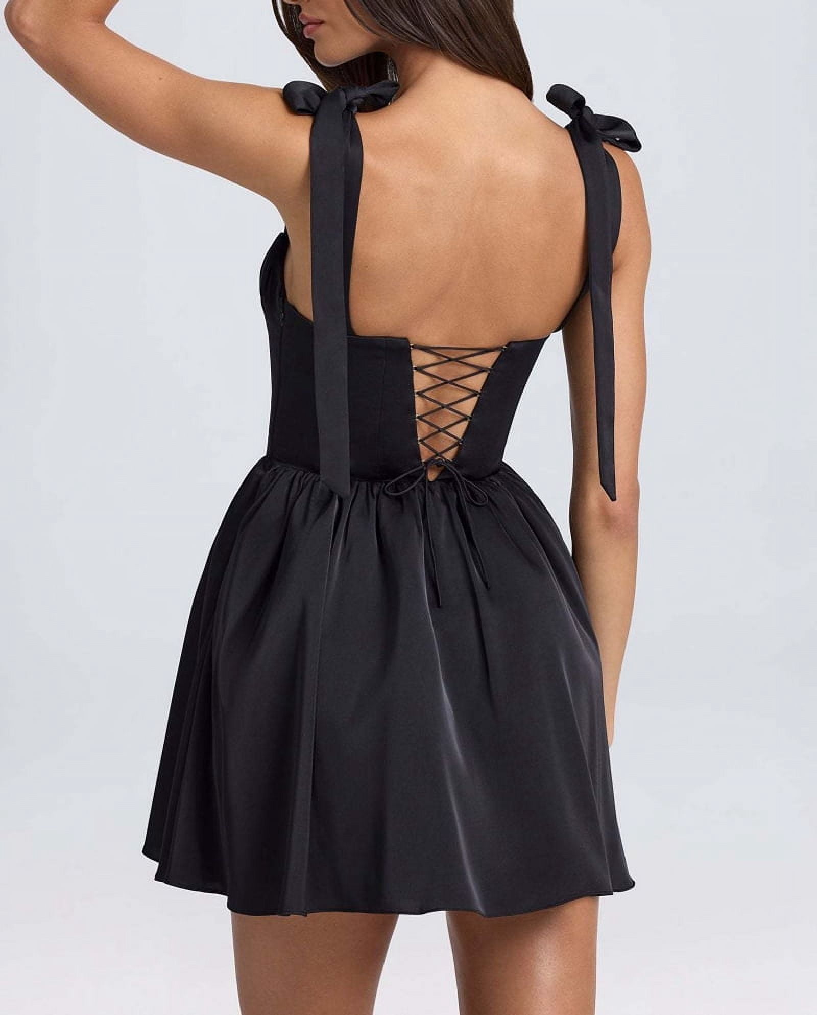 Smocked Ruched A Line Swing Dress Layered Tie Shoulder Flowy - Dress Black S