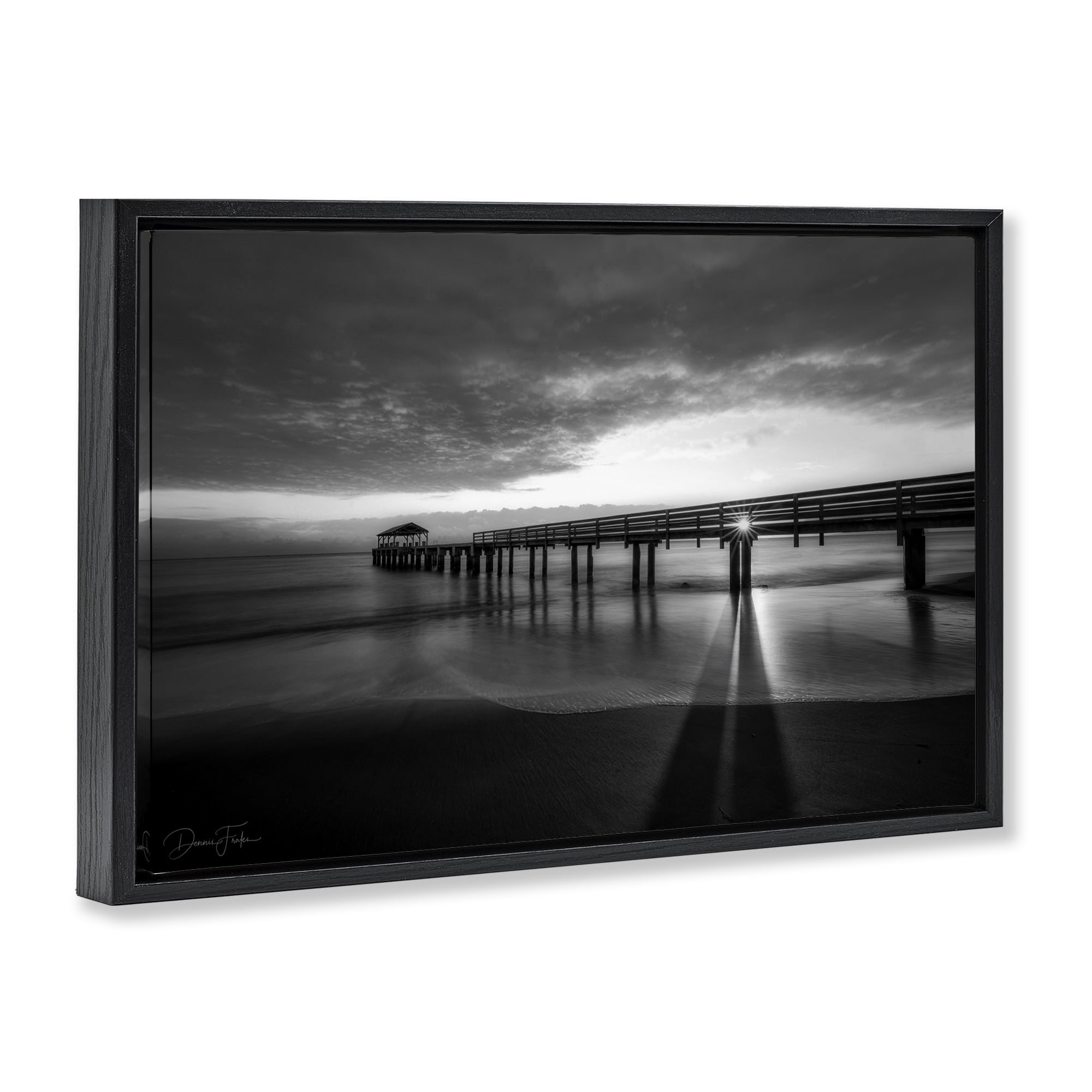 Stupell Industries Sun Shining Through Dock Landscape Photography Black Floater Framed Canvas Art Print Wall Art, 25 x 17