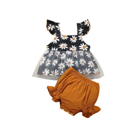 

2Pcs Baby Girls Outfit Floral Print Frill Tank Tops + Snaps Shorts
