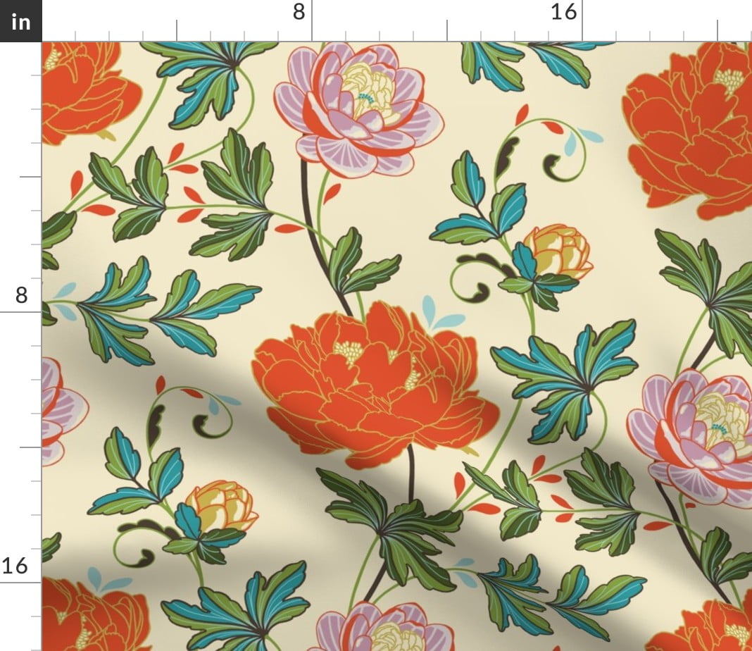 Velvet Fabric by the Yard Botanical Chinoiserie Blue Green Red Orange