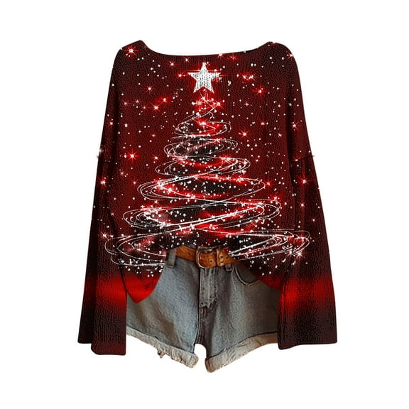 successthop Womens Christmas Ugly Sweater Light Tree Knit Long Sleeve Crewneck Fall Winter Pullover Knitwear Print Tops