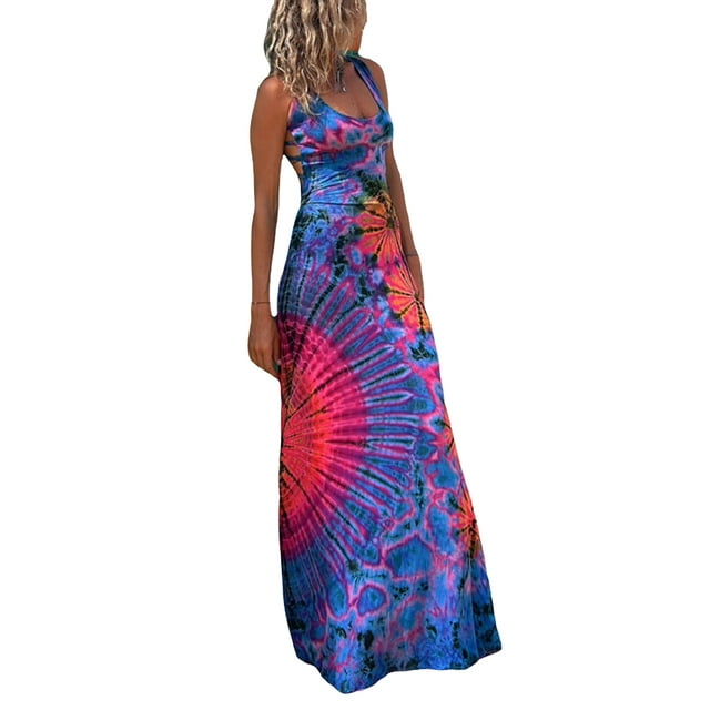 SUNSIOM Robe Longue Décontractée d'Été pour Femme, Imprimé Teinture sur Nœuds, Col en U, Sans Manches, Robe Mode à Dos Croisé