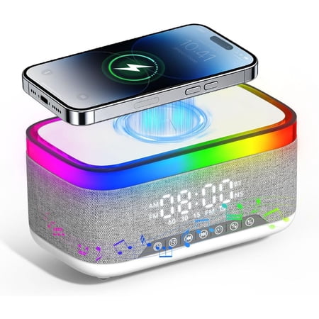 Bluetooth Speaker with Wireless Charging, Alarm Clock Radio for Bedrooms 6 in 1 Dimmable Digital Clock with FM Radio White Noise Charging Station RGB LED Night Light for iPhone Samsung