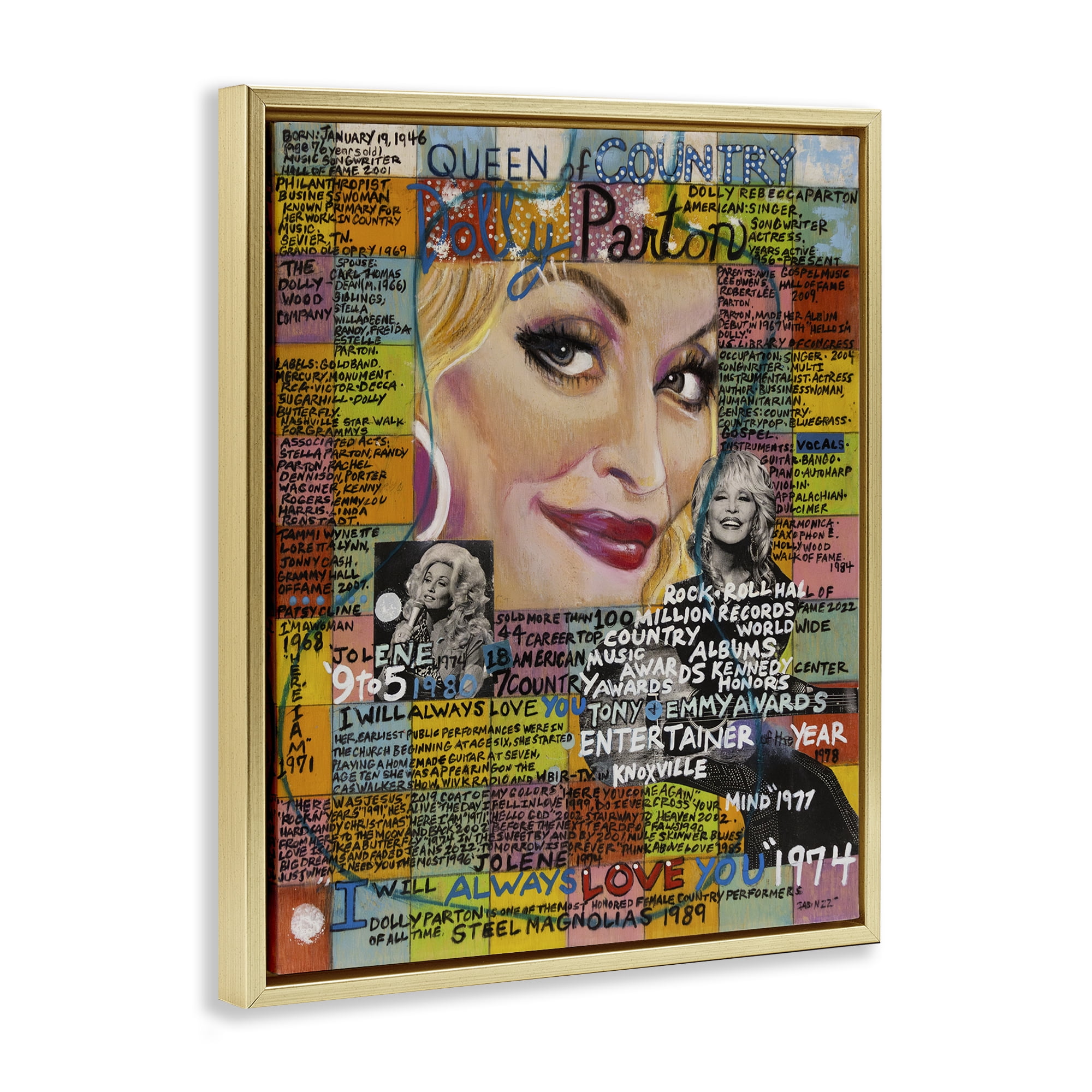 Stupell Industries Dolly Parton Collage People Drawing Gold Floater Framed Canvas Art Print Wall Art, 25 x 31