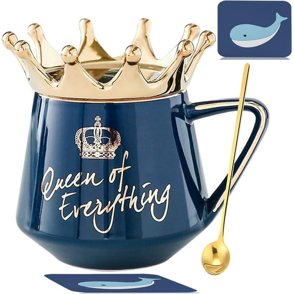 Farcauo Queen of Everything Mug with Lid Cute Mugs Gift with Crown Dark Blue Coffee Mug with Spoon & Coaster 12 oz Ceramic Tea Cup Birthday Gift for Women Girls Mom Friend