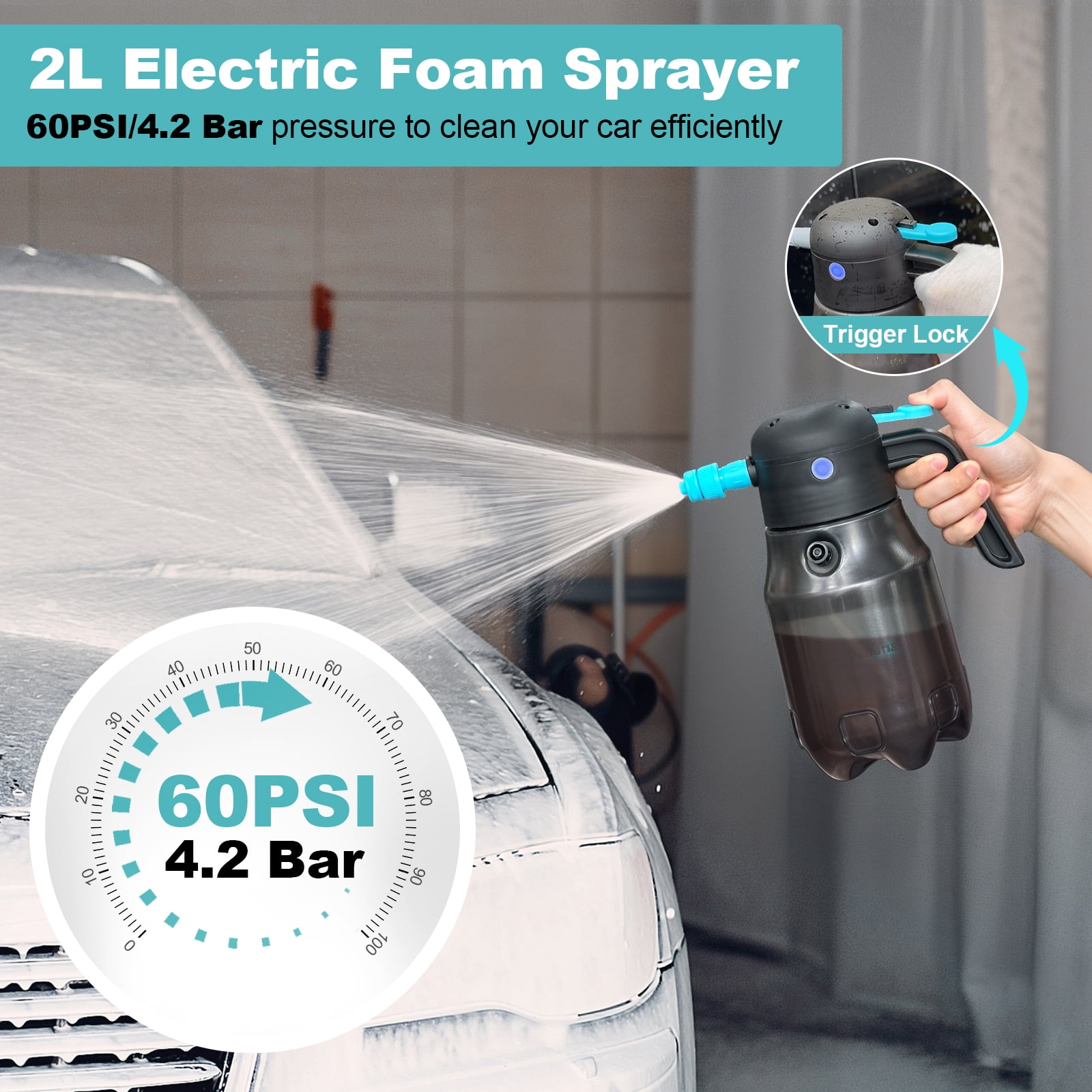 SideKing Electric Foam Sprayer, Car Wash Foam Sprayer,60PSI, 68oz/2L Cordless, Rechargeable 4000mAh Battery Foam Blaster for Car Detailing, Garden, RV with Adjustable Nozzles