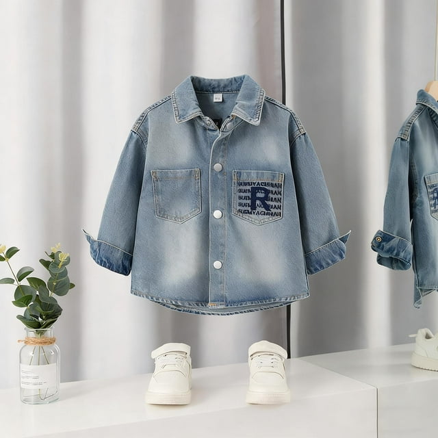Chaqueta vaquera de manga larga con solapa para niños, bonita chaqueta informal para niños, chaqueta vaquera de manga larga con capucha, chaqueta vaquera para niños, top de poliéster