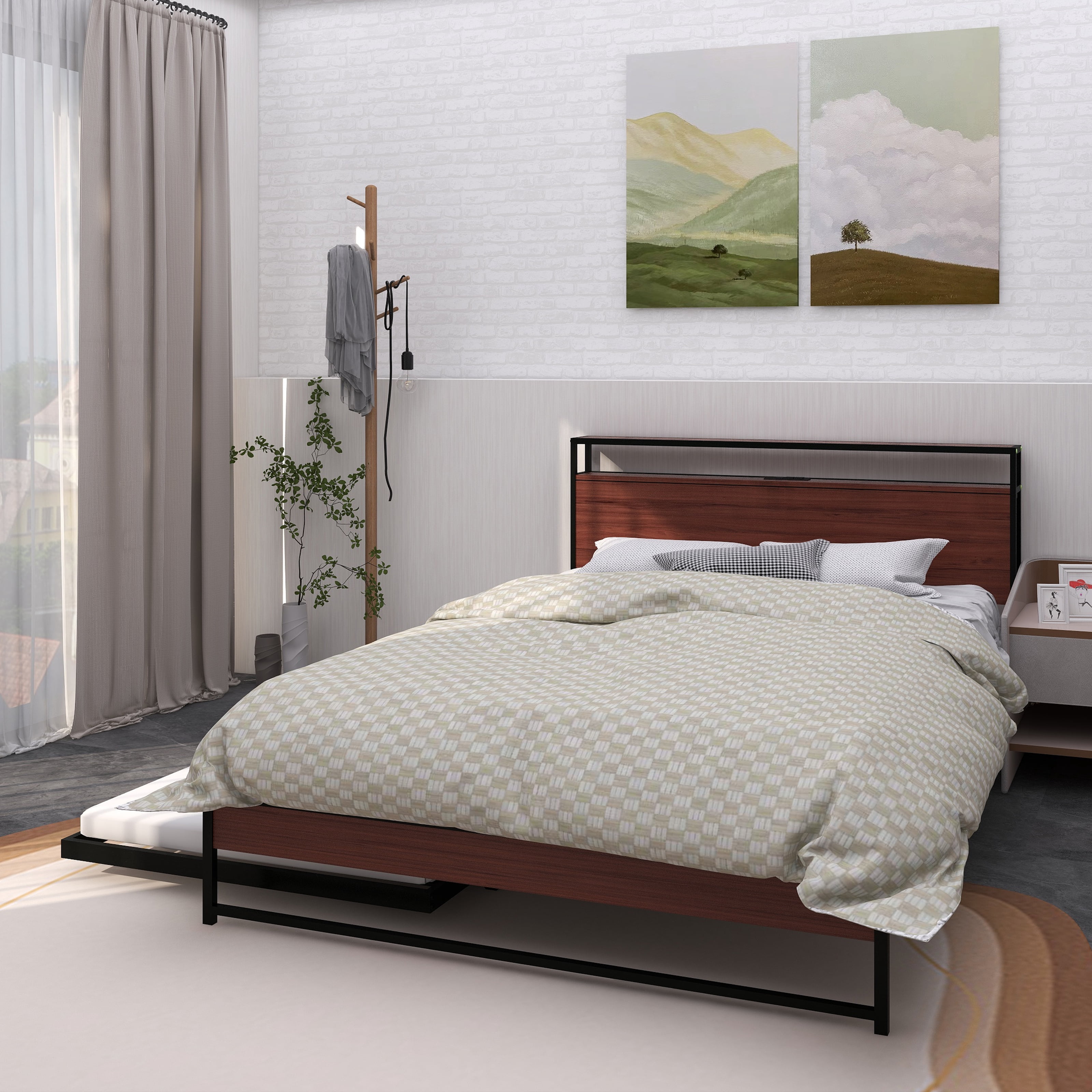 Queen Size Metal Platform Bed Frame with Trundle, USB Ports and Slat Support ,No Box Spring Needed Black