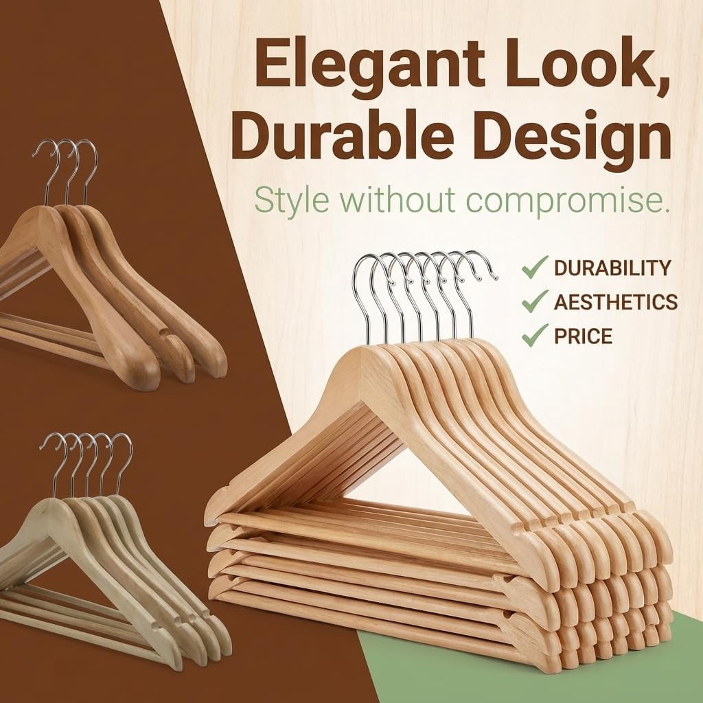 Durable Essentials Plastic Hangers – Pack of 20 Slim, Heavy-Duty, Wood-Like Design with Non-Slip Surface, 360° Rotating Rust-Resistant Hook for Space-Saving