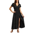 thumbnail image 2 of Busydd Womens Polka Dot Fall Maxi Dress Fashion Elegant V Neck Short Sleeve Long Dress Casual Flowy Slit Homecoming Dresses S, 2 of 5