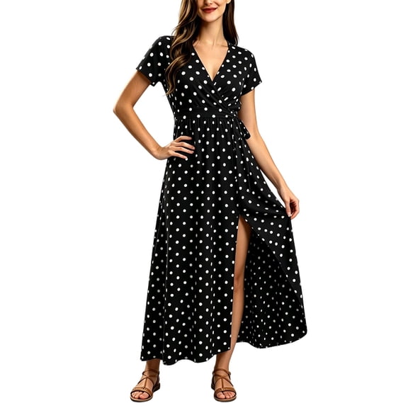 Ayolanni Short Sleeve Summer Dresses for Women 2026 V-Neck Boho Polka Dots Maxi A-Line Dress Workout Vacation Side Slit Tie Waisted Sundress Black L