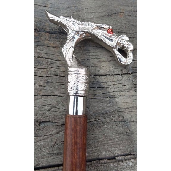 Vintage Antique Style Walking Stick with Silver Brass Jaguar Handle Wooden Walking Stick Cane