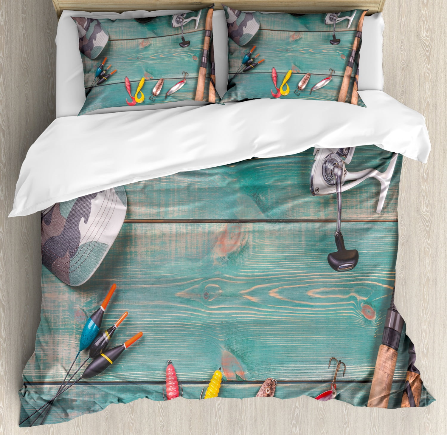Fishing Theme Duvet Cover Set, Rustic Concept Wooden Table with Angling Objects Like Hooks Rod