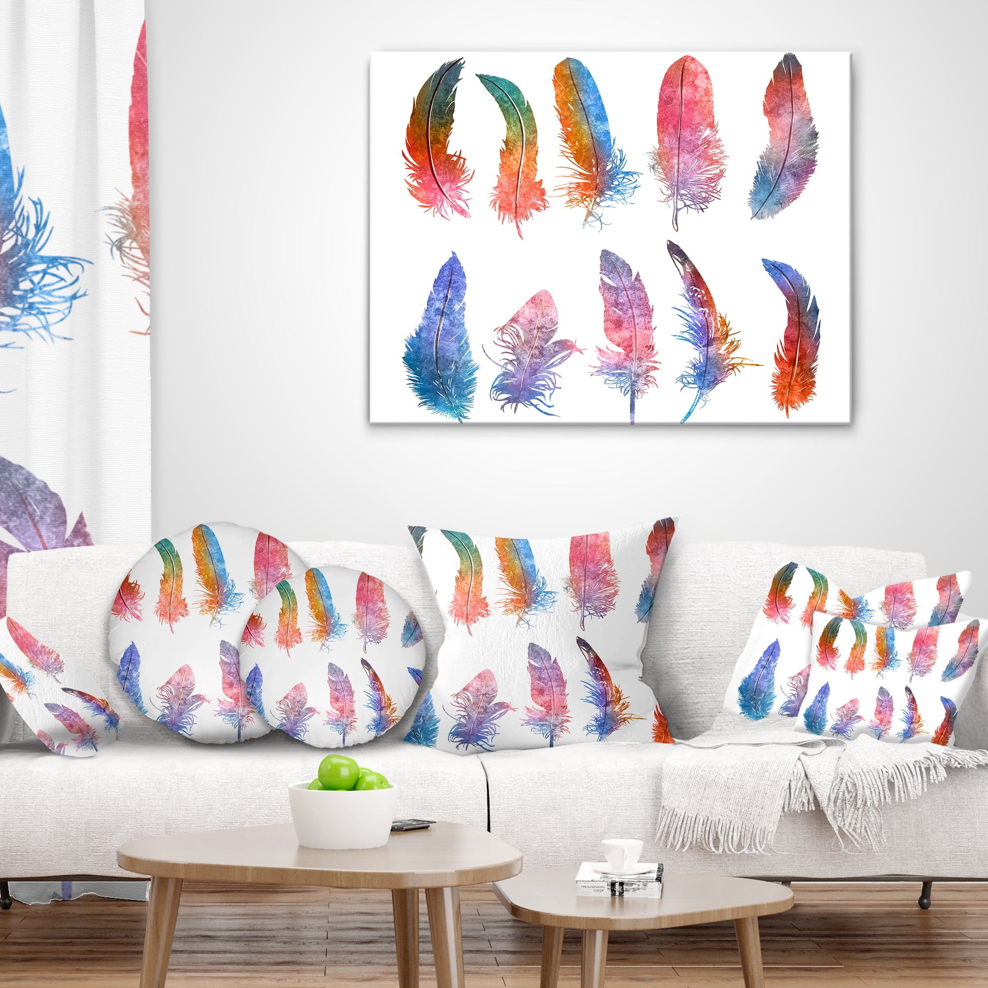 Designart Rainbow Feathers - Floral Throw Pillow - 18x18