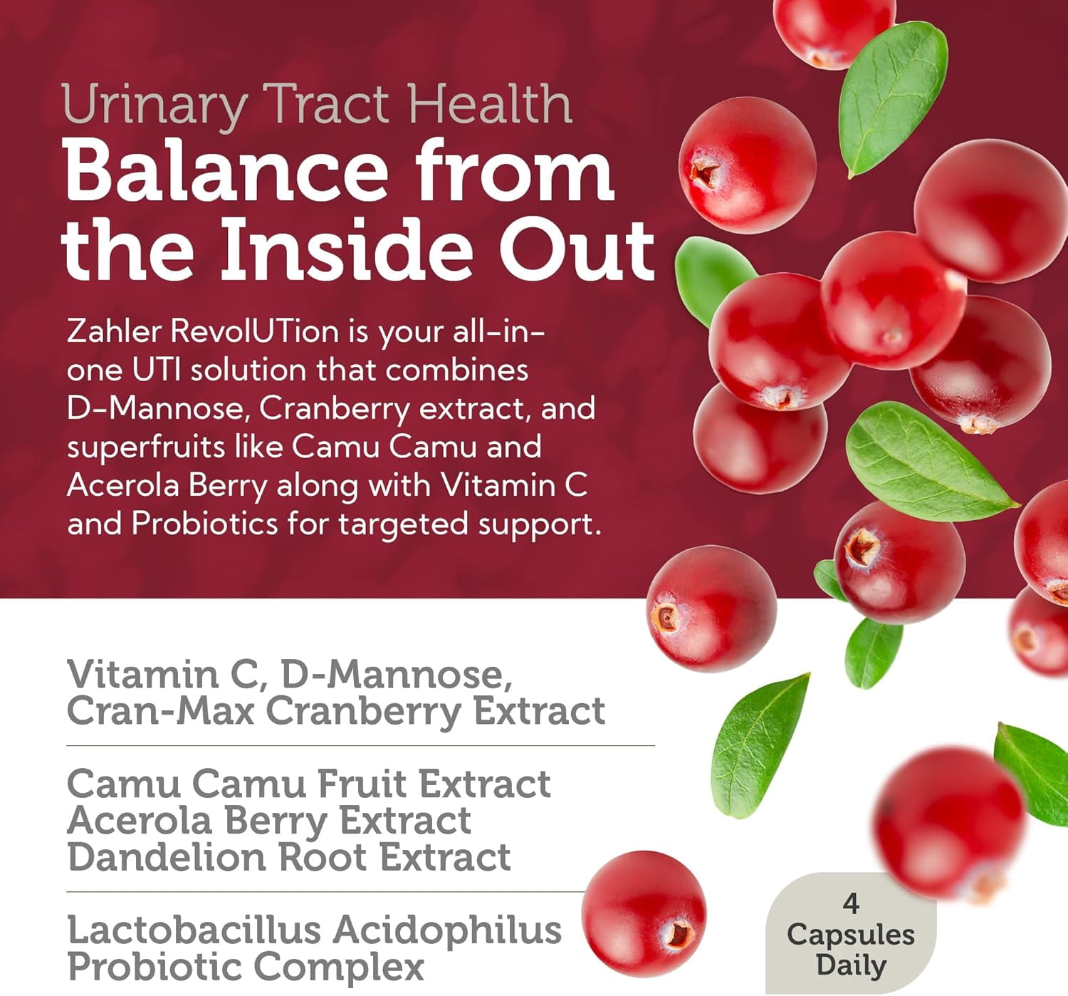 Zahlers UTI Revolution, Urinary Tract and Bladder Health, All Natural Cranberry Concentrate Pills Fortified with D-Mannose and Probiotics, Certified Kosher, 60 Caps