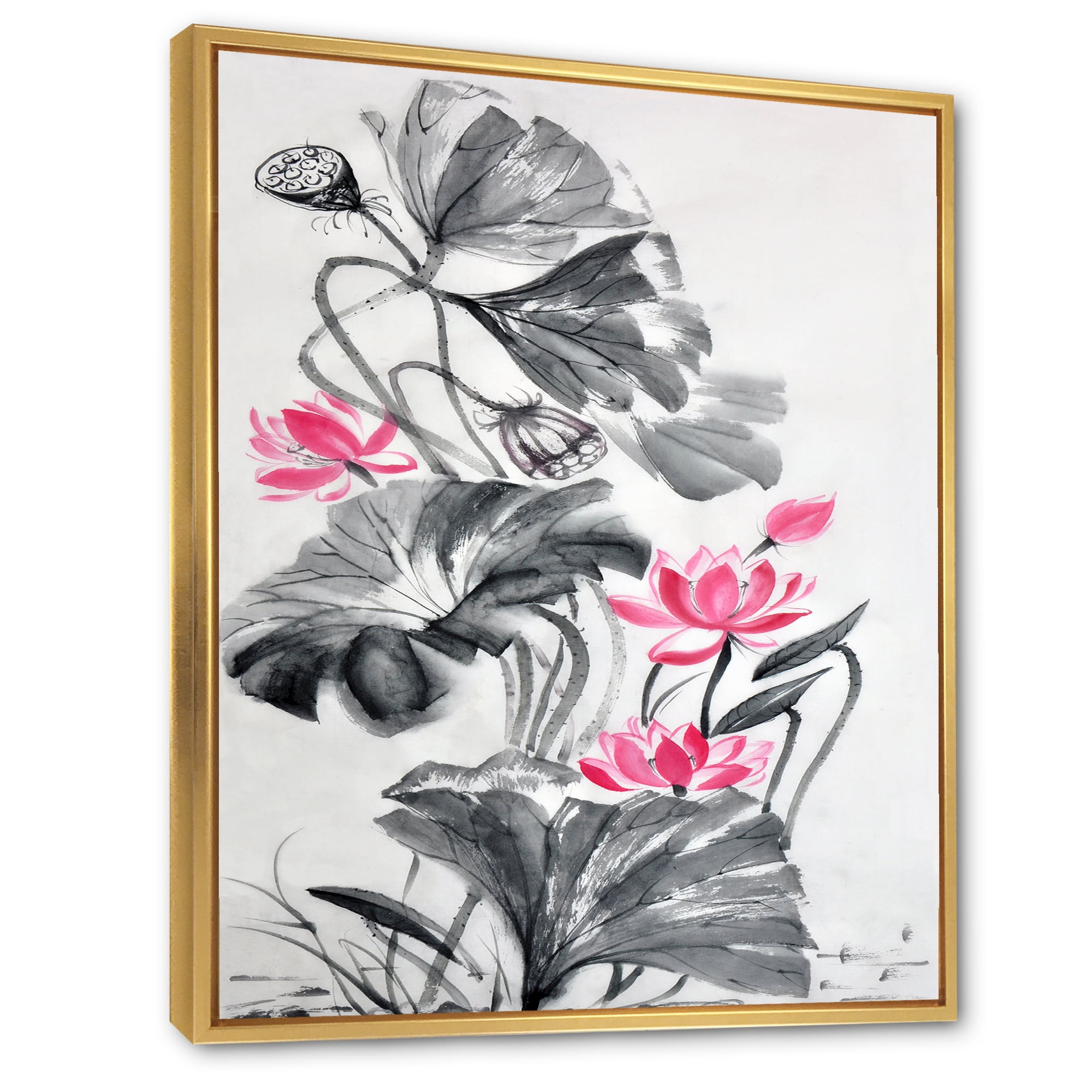 Designart 'Pink Vintage Lotus Flower and Monochrome Leaves' Traditional Framed Canvas Wall Art Print