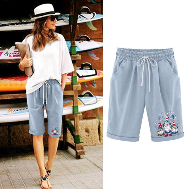 Puntoco Pantalones cortos deportivos para mujer, con estampado de cintura elástica, para uso informal, con bolsillos informales, pantalones cortos de media pierna
