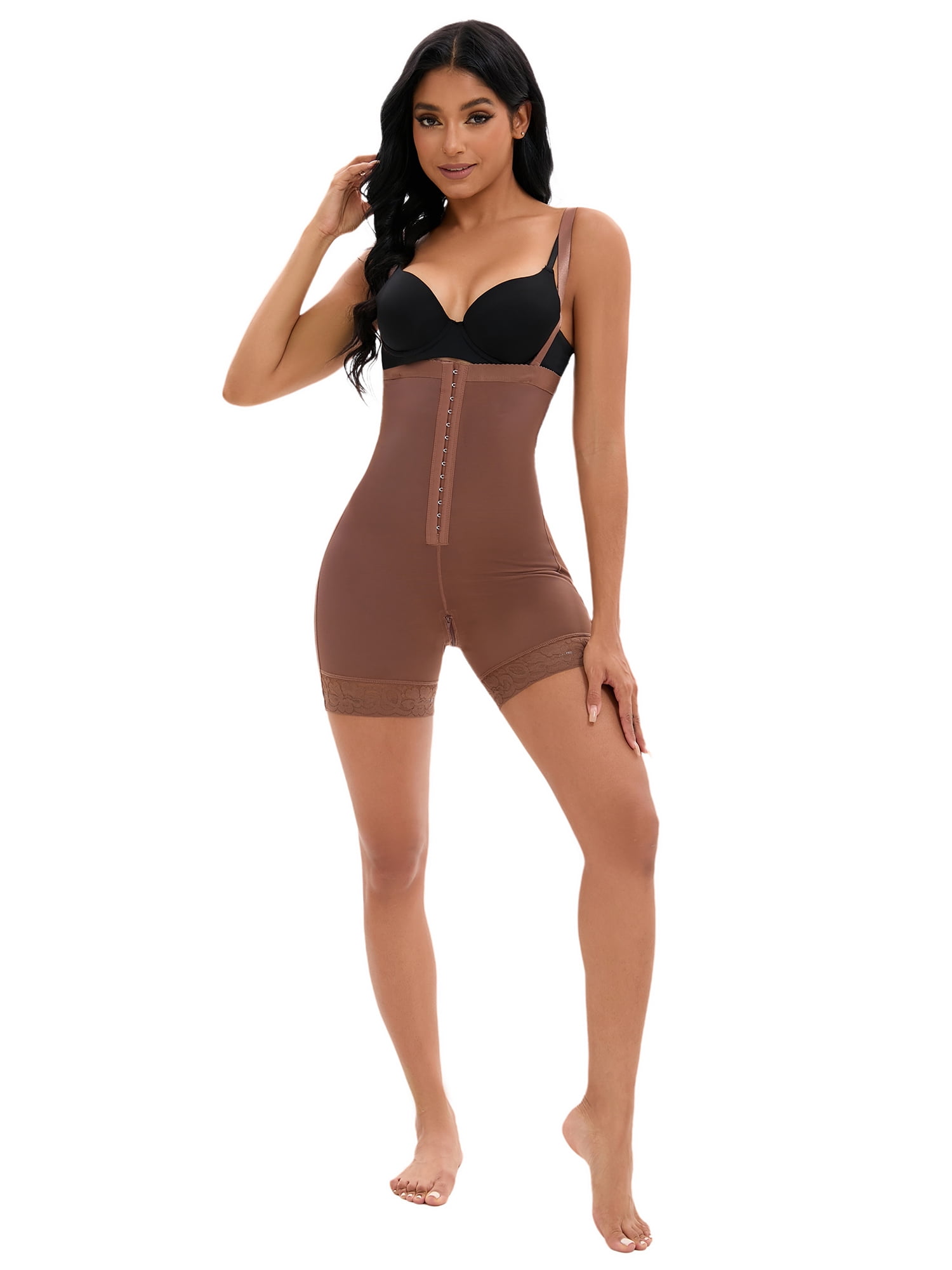DARING DIVA Women's Cami Front Hook Thigh Slimmers Shapewear Bodysuits Brown M